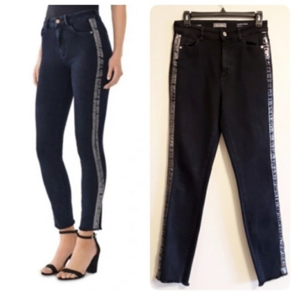 DL1961 Farrow Ankle High Rise Instasculpt Skinny Black Silver Metallic Stripe